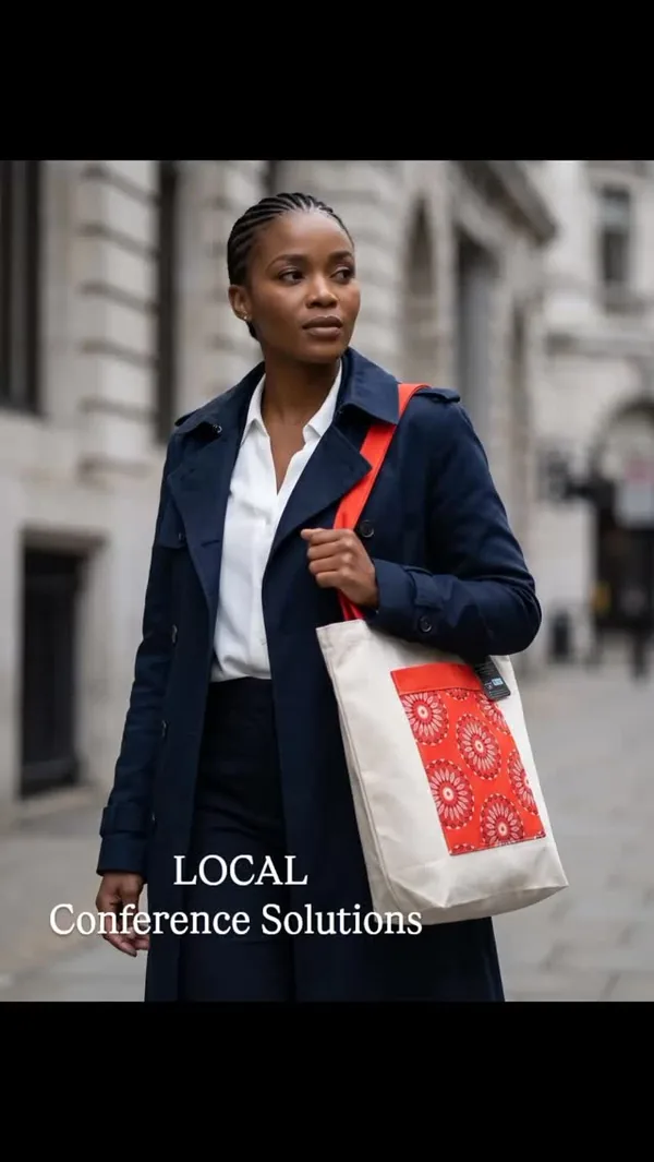 A branded Local Conference Solutions tote in everyday use in the city