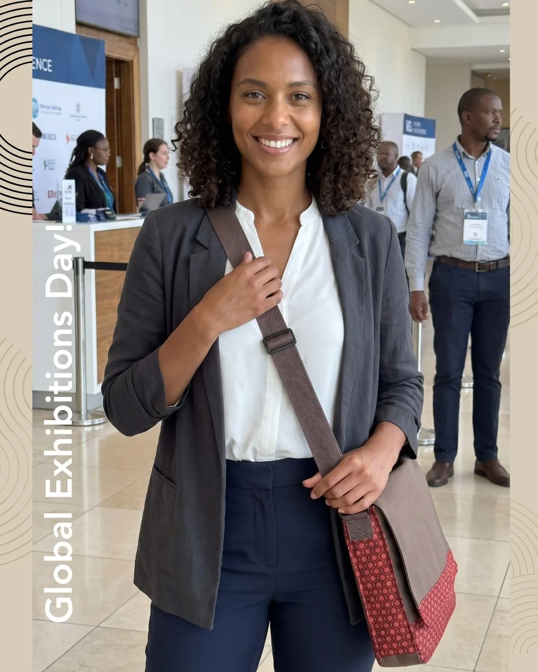 Delegate carrying a custom Local Conference Solutions messenger bag at a South African conference venue