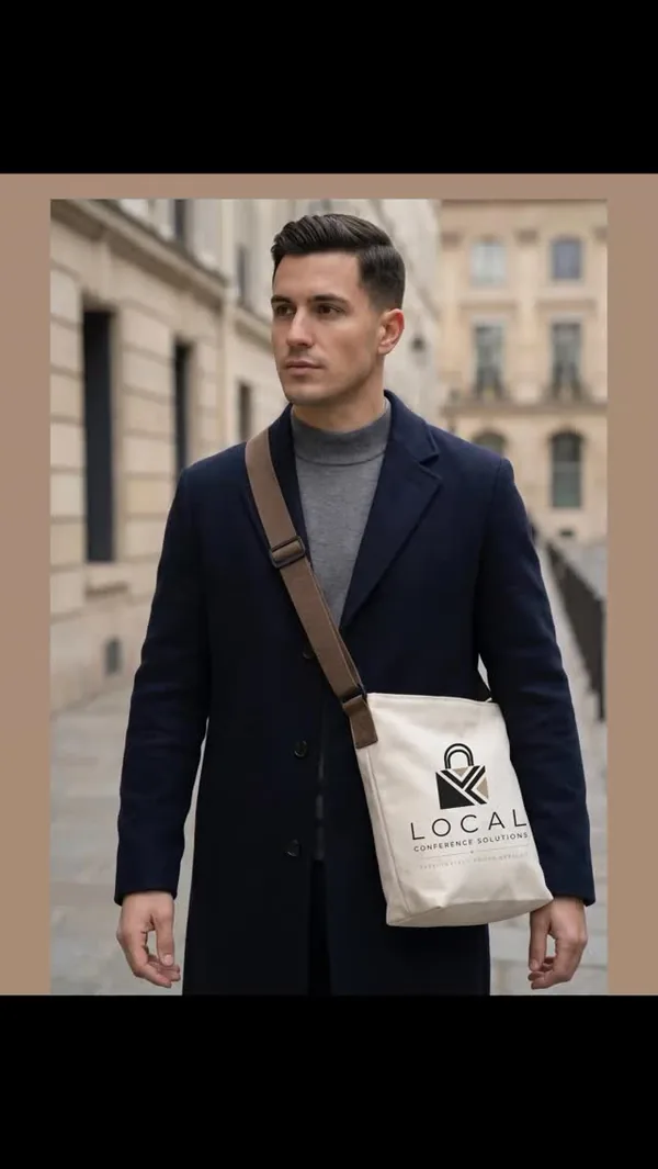 Professional carrying a branded cotton tote through a city street