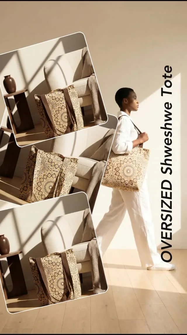 Display of oversized shweshwe tote bags in a retail setting