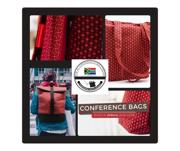 Collection of red shweshwe conference bags with matching accessories