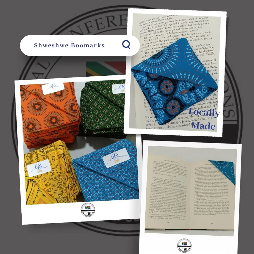 Handmade shweshwe fabric bookmarks in blue, orange and gold prints