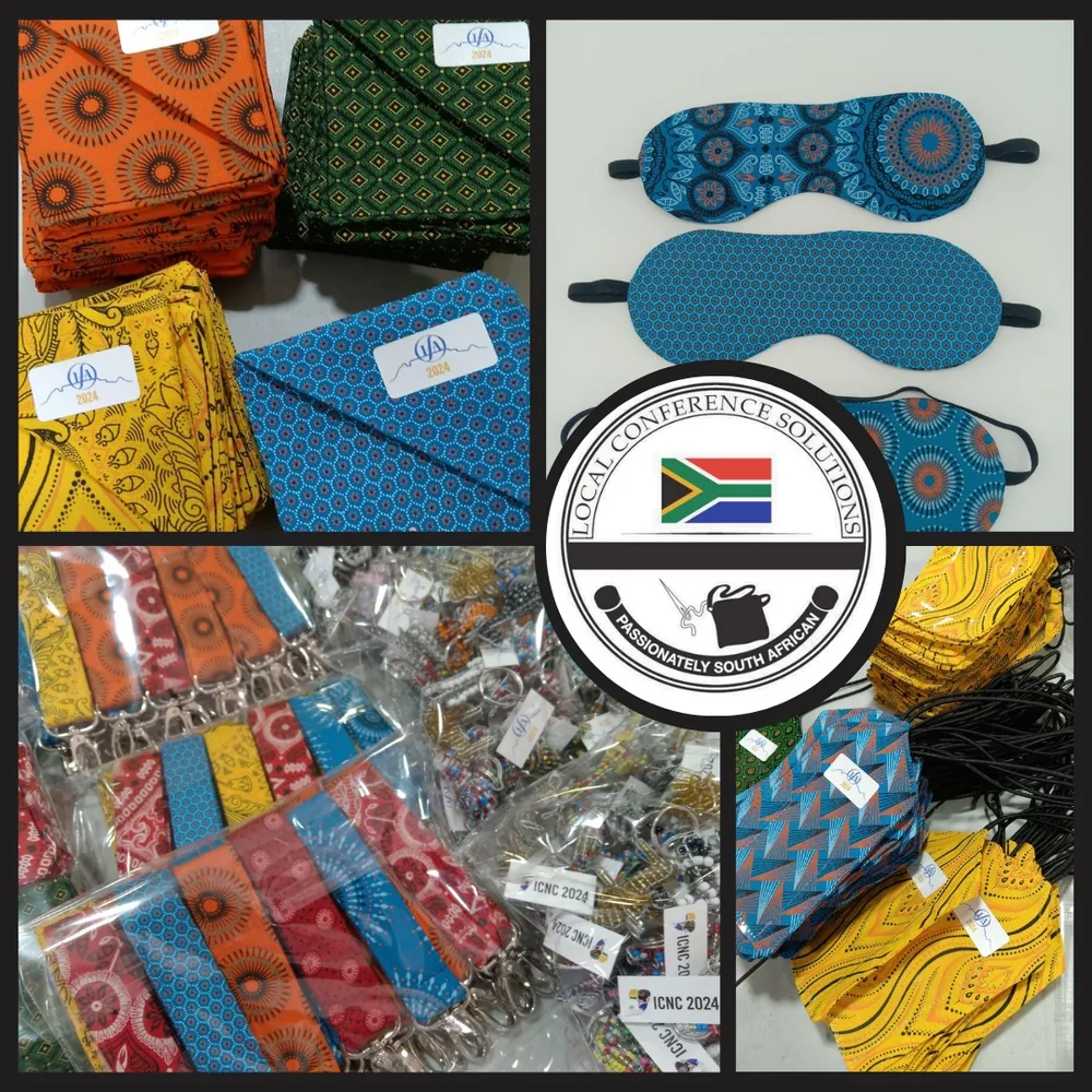 Colourful handmade shweshwe fabric lanyards and conference accessories