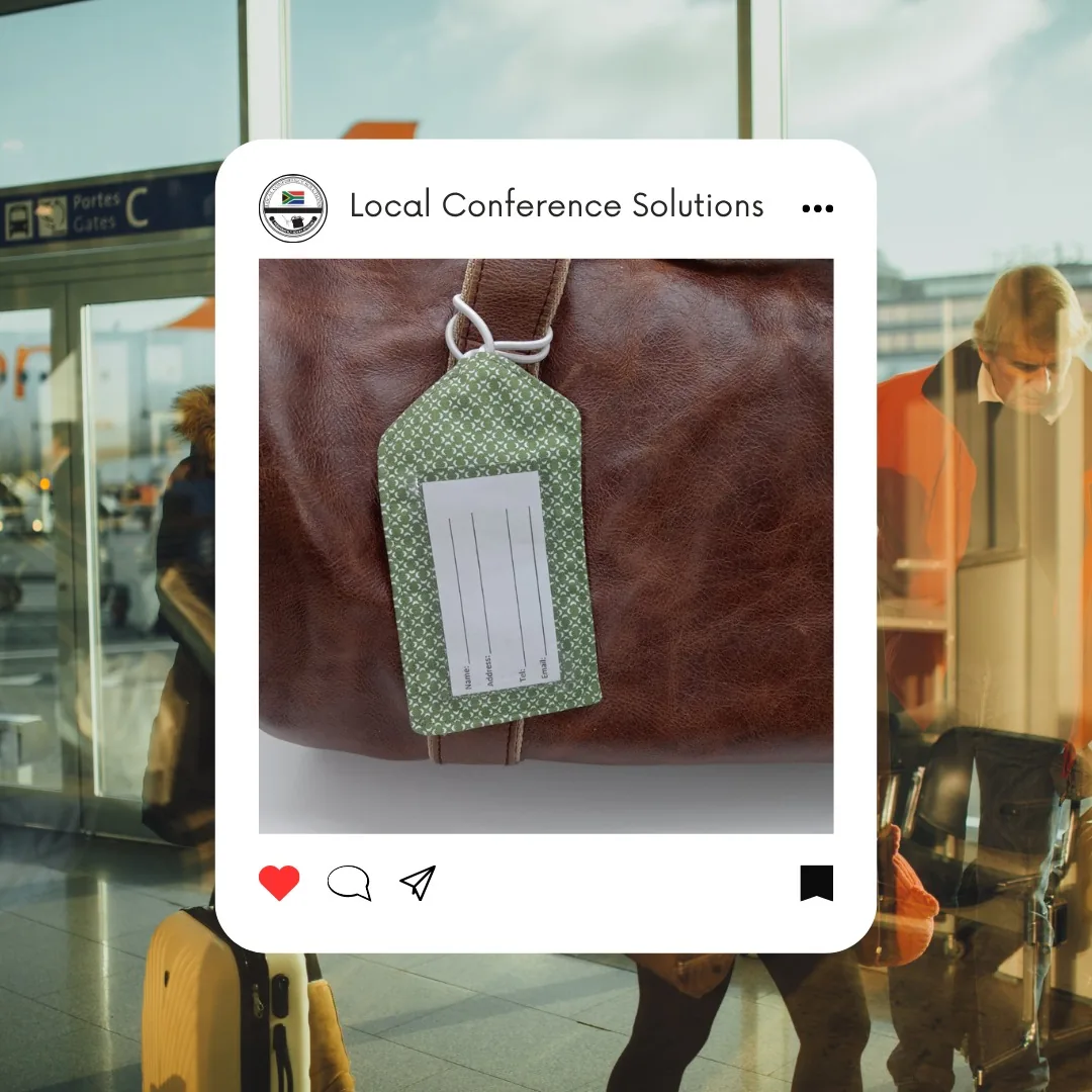 Handmade shweshwe luggage tag against brown leather
